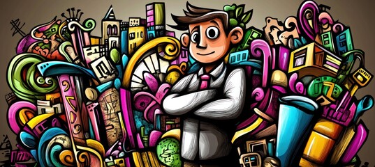 Obraz premium A colorful, whimsical illustration featuring a confident character surrounded by vibrant city elements.