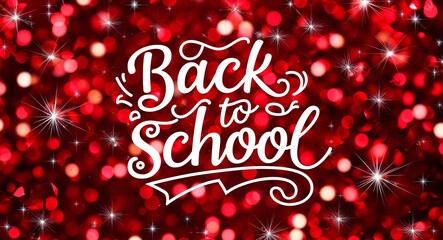 back to school calligraphic lettering on red bokeh glitter festive sparkles background