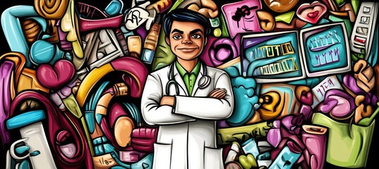 Obraz premium A doctor stands confidently amidst various medical tools and supplies, symbolizing healthcare.