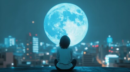 Lofi anime girl sitting alone on rooftop, looking at massive blue full moon, Tokyo city landscape with lights background. Peaceful quiet atmosphere 3d cartoon