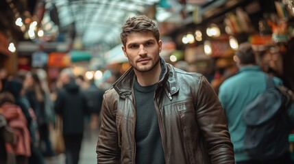 Fototapeta premium A man in a leather jacket stands confidently in a bustling market.