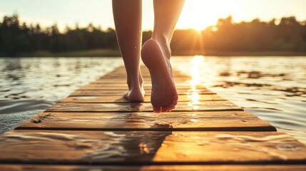 Person Walking Barefoot on a Wooden Dock at Sunset by the Lake