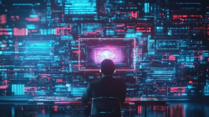 Fototapeta premium A futuristic news anchor making an announcement via a holographic broadcast, glowing digital screens behind, hightech, cyberpunk style, neon lights