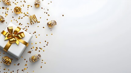 Fototapeta premium Minimalist Happy New Year Background with Bold Text Gold Accents and Scattered Confetti Side View for Modern Simplicity Technology Tone with Analogous Color Scheme