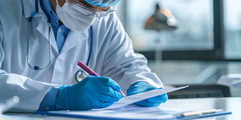 Medical professional writing notes during a clinical study in a research lab, Doctor in protective gear documenting patient data for analysis