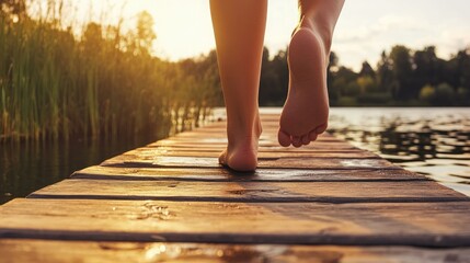 Person Walking Barefoot on a Wooden Dock at Sunset by the Lake