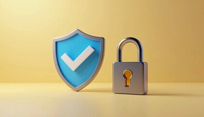Blue Security Shield with Checkmark and Padlock on Yellow Background  
