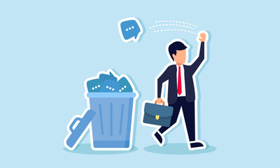 A businessman walks and throws a dialogue box into a trash bin full of dialogue boxes, illustrating discarding unimportant words or staying silent rather than speaking uselessly