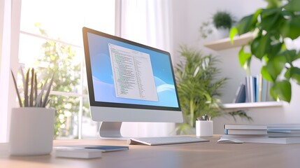 Bright and cozy home office setting with a desktop computer books and stylish furniture and decor designed to appeal to market and modern work from home concepts