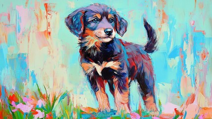 A colorful painting of a playful puppy standing in a vibrant, floral background.