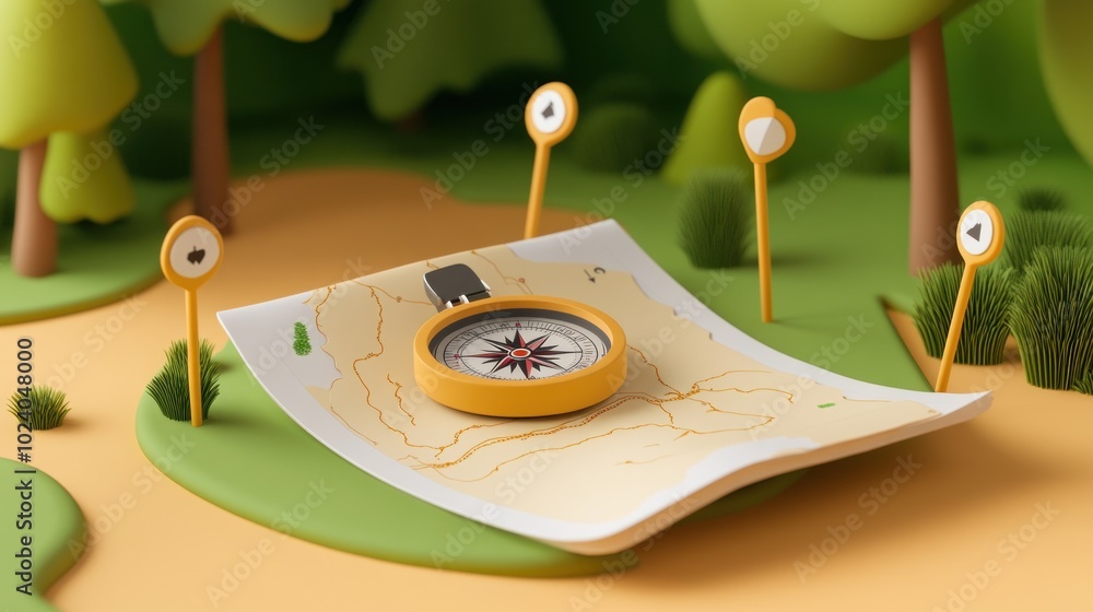 Poster a 3d illustration of a map with a compass and directional signs in a natural setting.