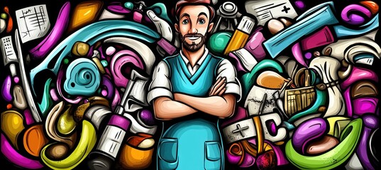 A colorful illustration of a healthcare professional surrounded by various medical items.