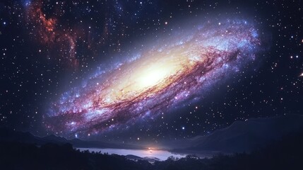 Fototapeta premium Very big pretty colorful galaxy in the sky close to some hills