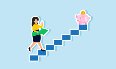 A businesswoman carries an arrow while climbing a ladder leading to a piggy bank, illustrating the investment strategy for keeping assets growing and developing