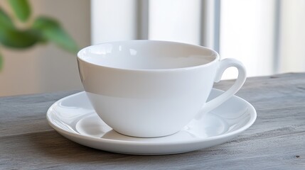 Fototapeta premium An elegant and minimalistic design showcasing an empty white cup and saucer, highlighting the beauty of simplicity in tableware. This set features clean lines and a smooth finish, making it perfect 