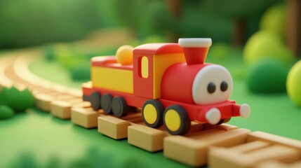 Fototapeta premium A colorful toy train on a wooden track in a vibrant, natural setting.