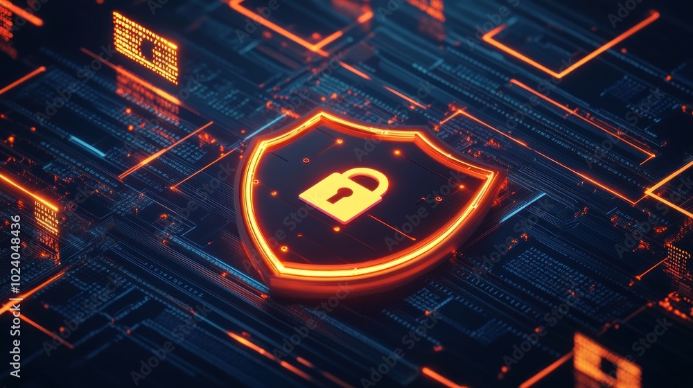 Poster a digital shield icon with a padlock, representing cybersecurity and data protection.