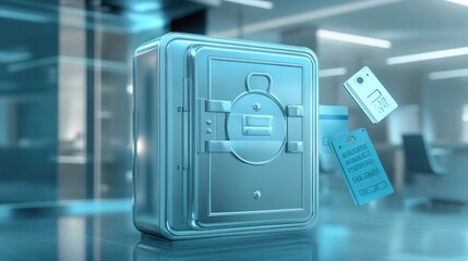 A digital safe with floating security tags, symbolizing data protection and security.