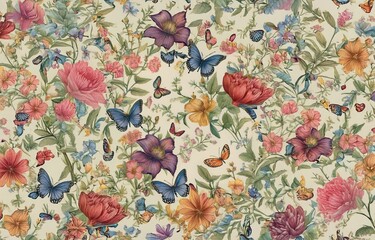 A colorful floral and butterfly pattern with an off-white background.