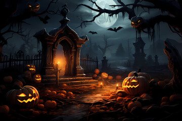 Spooky halloween background with pumpkin and bats, Generative AI