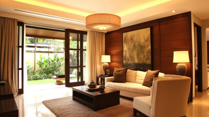 Fototapeta premium A living room with a wooden staircase design interior