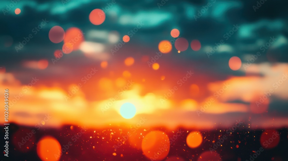 Poster sunset gradient with bokeh effect, a glowing sunset gradient with soft, blurred lights or bokeh,