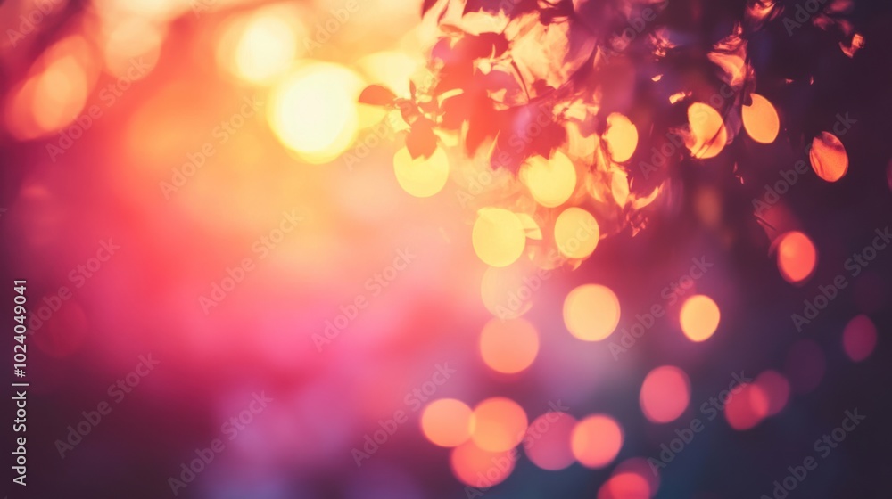 Poster sunset gradient with bokeh effect, a glowing sunset gradient with soft, blurred lights or bokeh,
