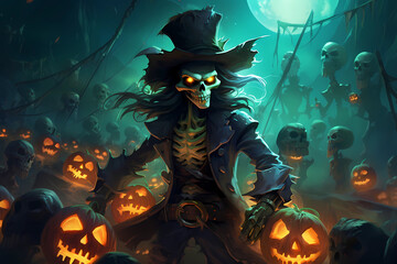 Skeletal Pirate with Glowing Eyes Among Glowing Jack-O'-Lanterns, Generative AI