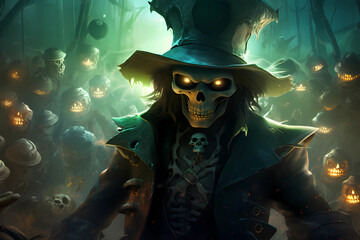 Skeletal Pirate with Glowing Eyes Among Glowing Jack-O'-Lanterns, Generative AI