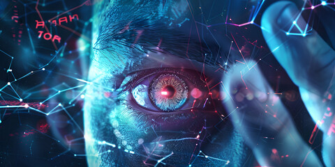 Futuristic cyber eye scanning for information with digital interface overlay, Advanced technology concept featuring biometric eye recognition