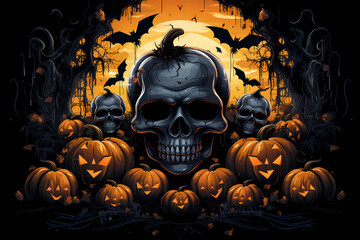 Spooky Halloween Scene with Jack-O'-Lantern, Full Moon, and bats, Generative AI