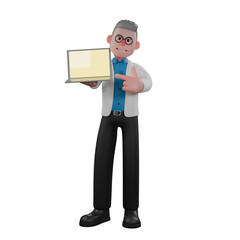 3D Model of Cartoon Physicist. A male physicist stands holding a laptop in his left hand and his right hand points at the laptop. Particle Physics Expert