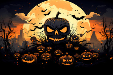 Spooky Halloween Scene with Jack-O'-Lantern, Full Moon, and bats, Generative AI