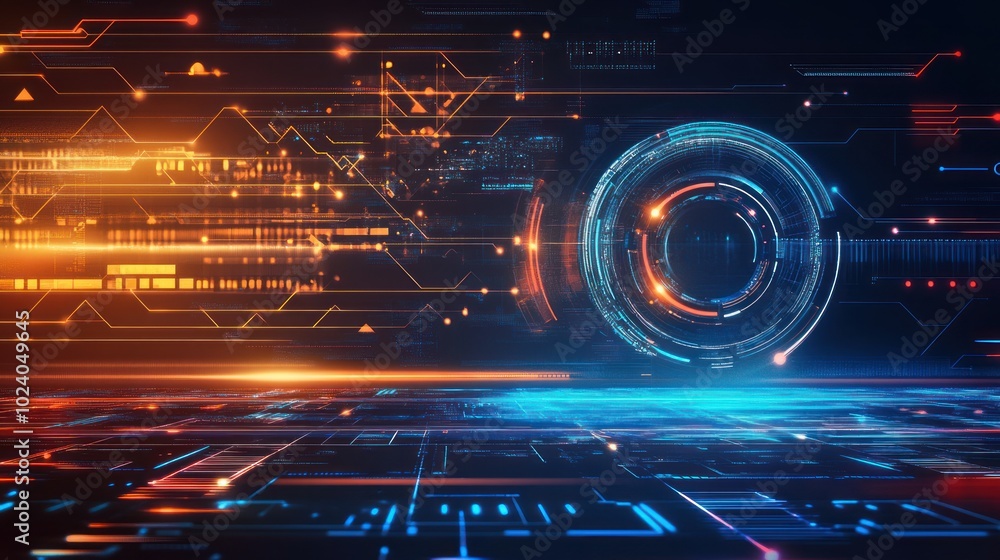 Poster tech background design featuring futuristic digital interfaces, grids, and abstract tech symbols,
