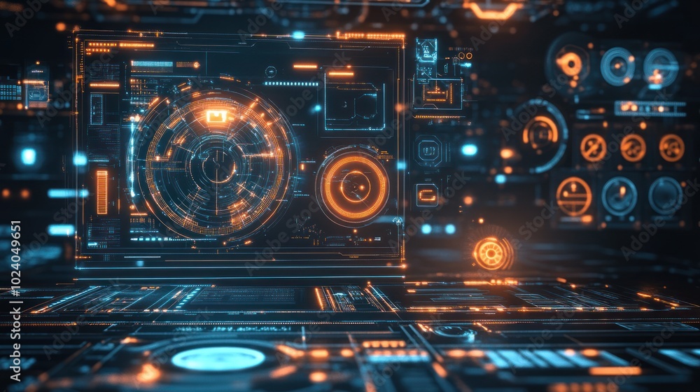 Poster tech background design featuring futuristic digital interfaces, grids, and abstract tech symbols,