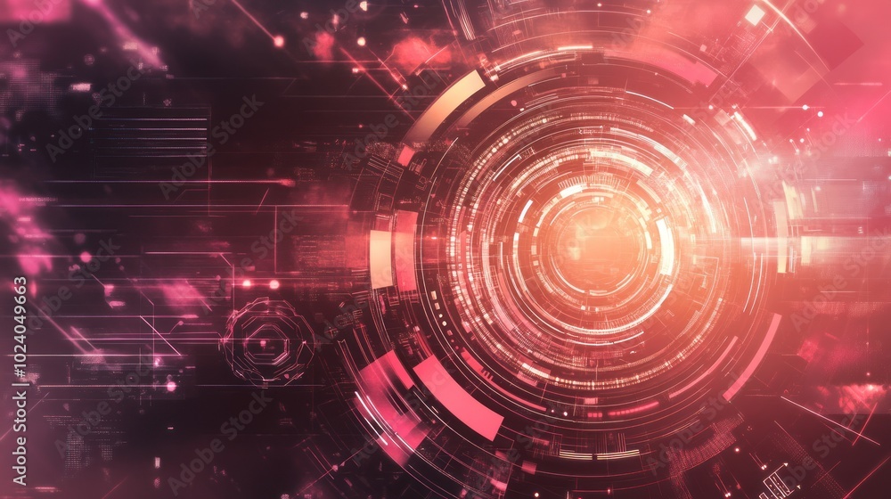 Poster tech background design featuring futuristic digital interfaces, grids, and abstract tech symbols,
