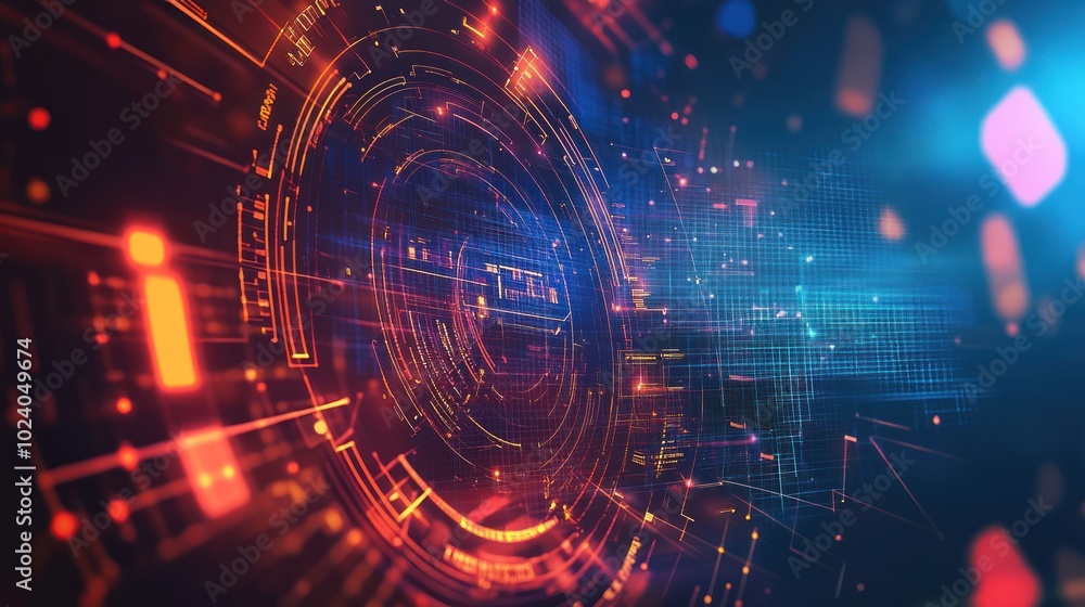 Poster tech background design featuring futuristic digital interfaces, grids, and abstract tech symbols,