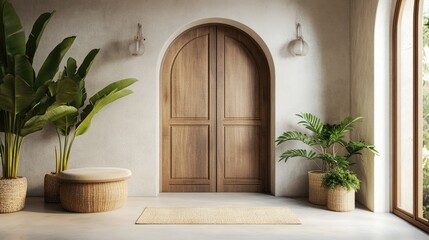 Modern Minimalist Interior with Wooden Door and Lush Green Plants in Natural Light