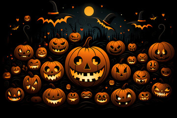Spooky Halloween Scene with Jack-O'-Lantern, Full Moon, and bats, Generative AI