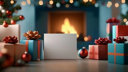 Vibrant and imaginative cybernetic style Christmas festival background with wrapped presents on each corner a cozy fireplace glowing in the background