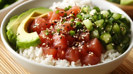 A bowl of poke, with fresh tuna, avocado, rice, and sesame seeds.


