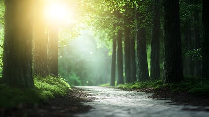 Obraz premium Peaceful forest path leading through towering trees with dappled sunlight showcasing the beauty of nature Side view for an immersive