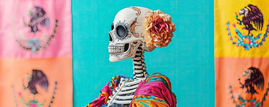 Colorful skeleton figure adorned with flowers, embodying the spirit of Dia de los Muertos against a vibrant backdrop.