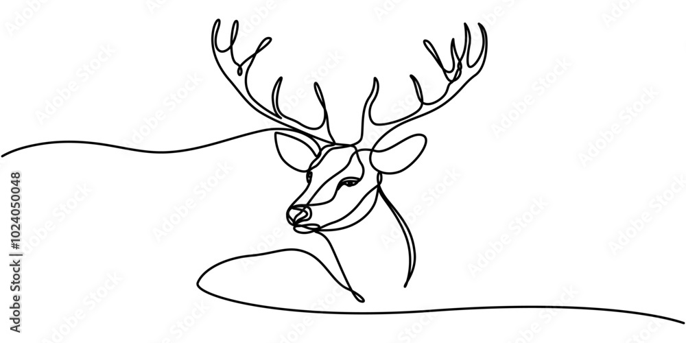 Poster christmas reindeer sitting continuous line drawing with editable stroke, christmas reindeer sitting 