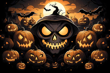Spooky Halloween Scene with Jack-O'-Lantern, Full Moon, and bats, Generative AI