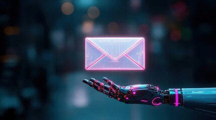 A robotic hand holding a futuristic digital envelope, soft glowing light, hightech design, metallic textures, vibrant neon accents