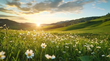Serene meadow at sunset with vibrant wildflowers and rolling hills casting a warm golden glow over the peaceful futuristic landscape  A captivating and inviting natural scene perfect for travel