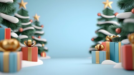 Festive Christmas festival background with cartoon style gifts in the corners decorated Christmas trees framing the sides and an empty center for a cozy holiday ambiance