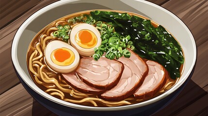 A bowl of ramen, with slices of pork, soft-boiled egg, seaweed, and a rich broth.


