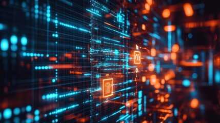 Technology background with digital elements like grids, data streams, 